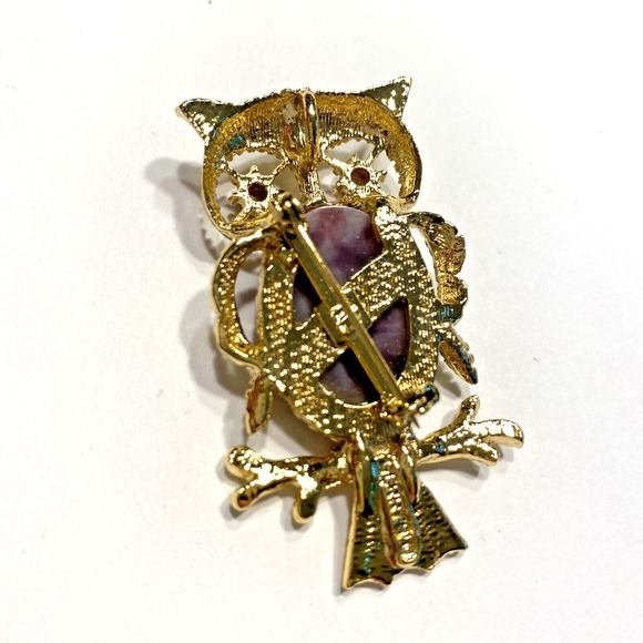 Vintage Gerrys Owl Brooch Goldtone & Purple Stone Statement Jewelry Pin Pendant - Picture 3 of 8